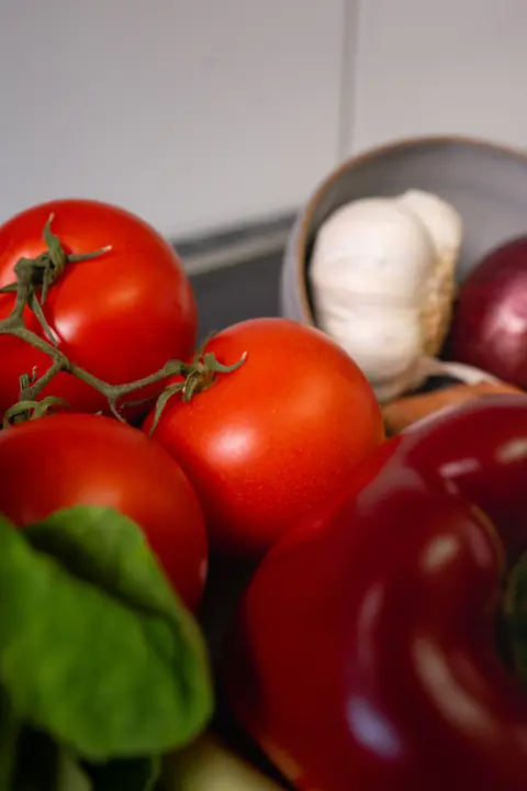 Nahaufnahme von Rispentomaten, einer roten Peperoni, Knoblauch und einer roten Zwiebel